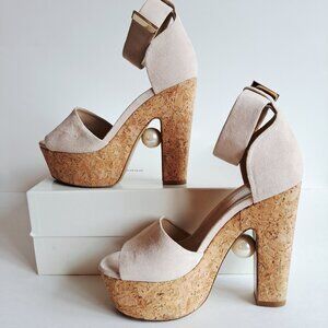 Nicholas Kirkwood Beige Suede Platform Sandals with Faux Pearl Size 36